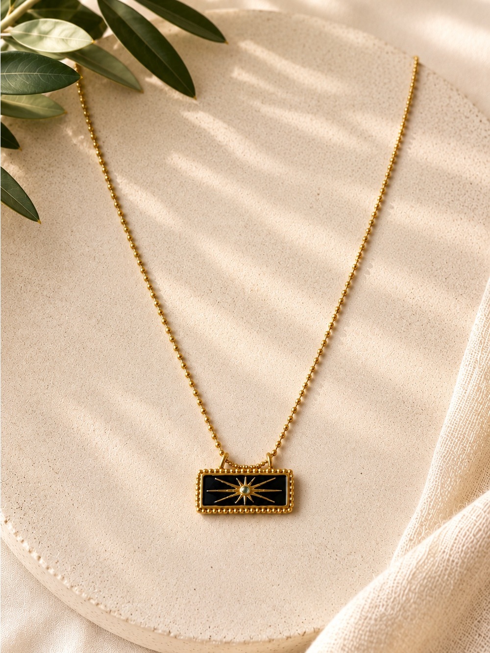 Satya Gold Tone Celestial Starburst Pendant Necklace Black Enamel Adjustable